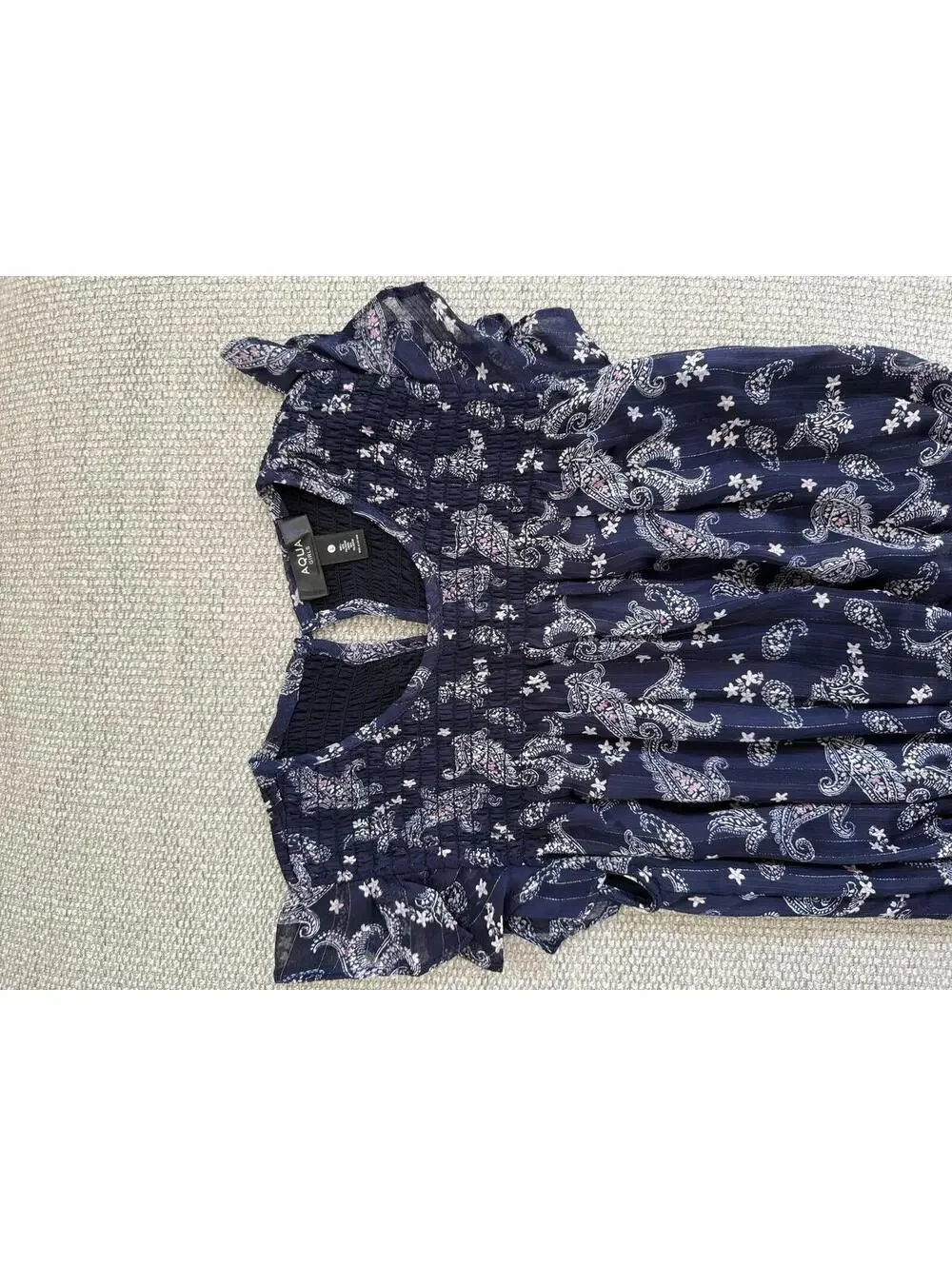 Aqua Girls Navy Paisley Smocked Dress Size Large Boho Flutter Sleeve Ruffle Hem